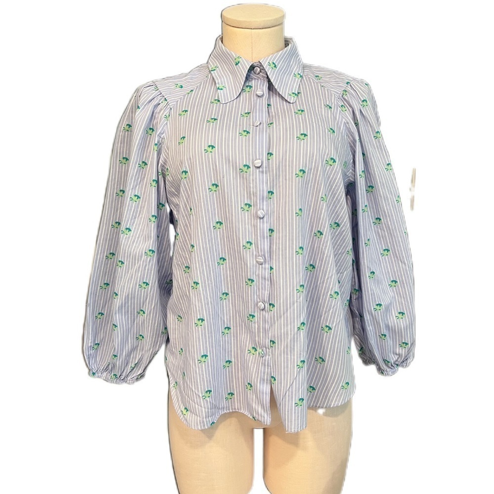 Zara Cotton, Button Down Striped Shirt with Floral Print and Puffy Sleeves